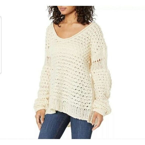 Free People Knit Off The Shoulder Pullover Sweater Crashing Waves Women's Sz S - Picture 3 of 7
